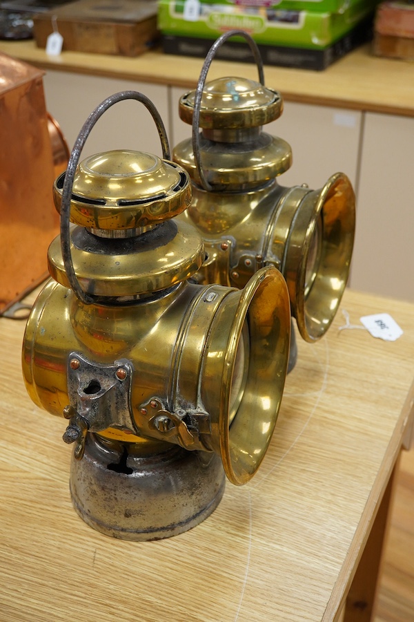 A pair of brass side lamps by Lucas Ltd. Birmingham, “King of the Road” No.740, both with early conversions to electricity, missing original burners, but fitted with small bayonet lamp fittings. Condition - fair to good.